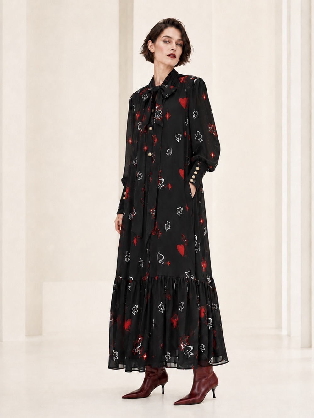 Zara Gothic Playing Card Maxi Dress Novelty Buttons Lavallière Sz XS Oversized